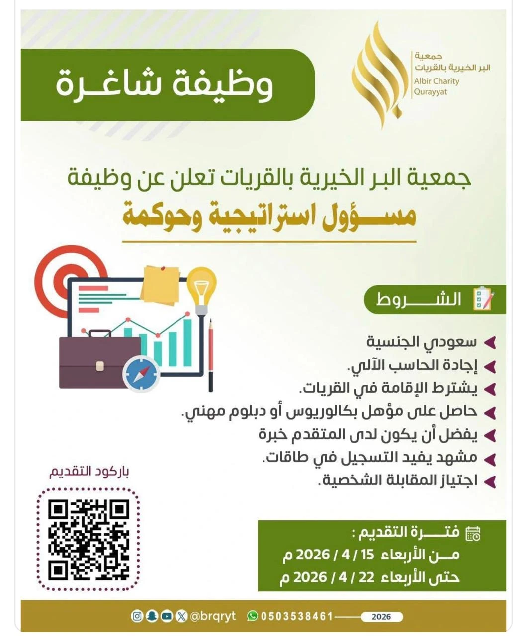 الشاغر: «‏مسؤول استراتيجية وحوكمة»| ‏جمعية البر الخيرية بالقريات