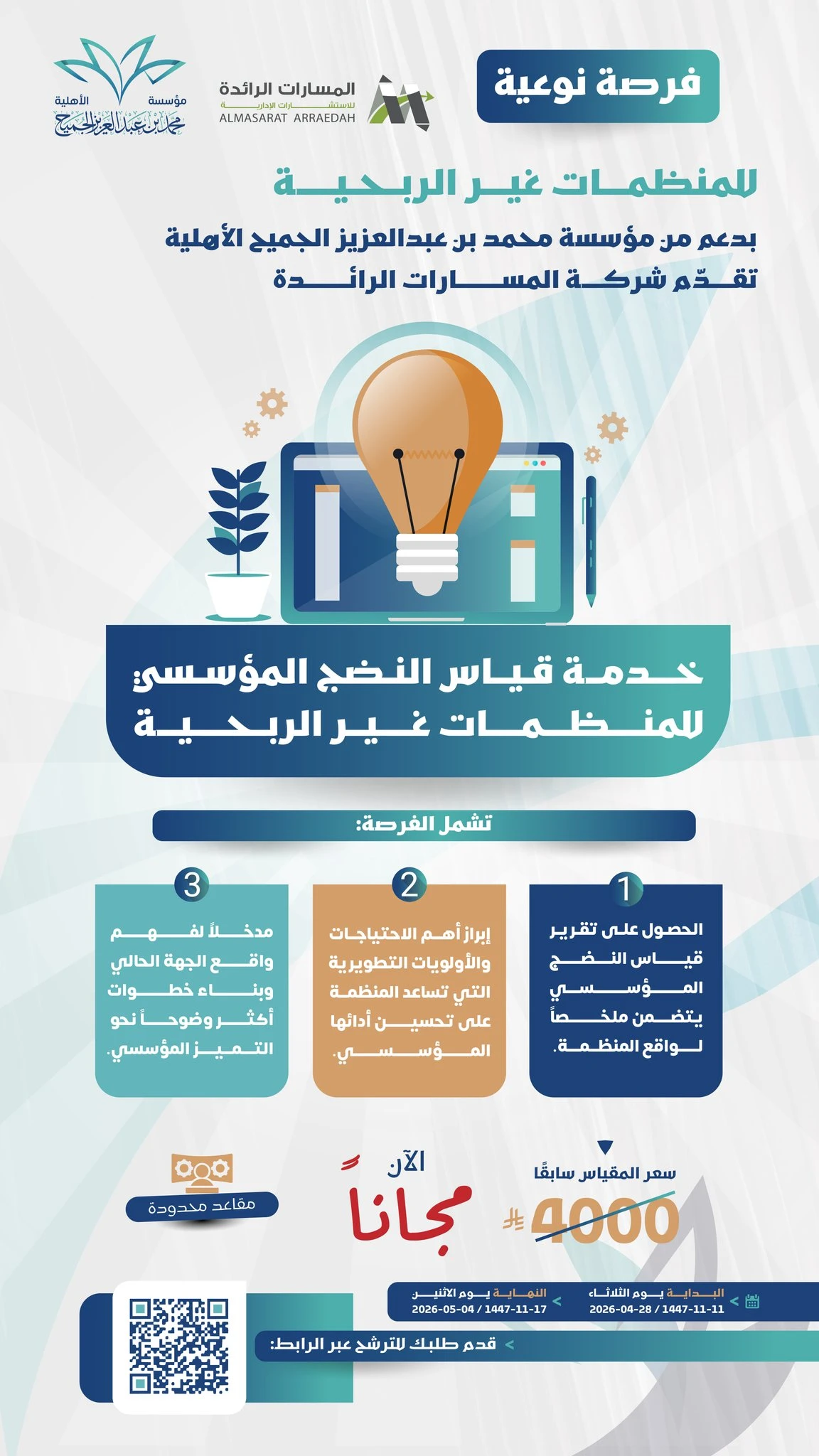 فرصة للمنظمات غير الربحية للاستفادة من خدمة قياس النضج المؤسسي، بدعم من مؤسسة محمد عبدالعزيز الجميح الأهلية