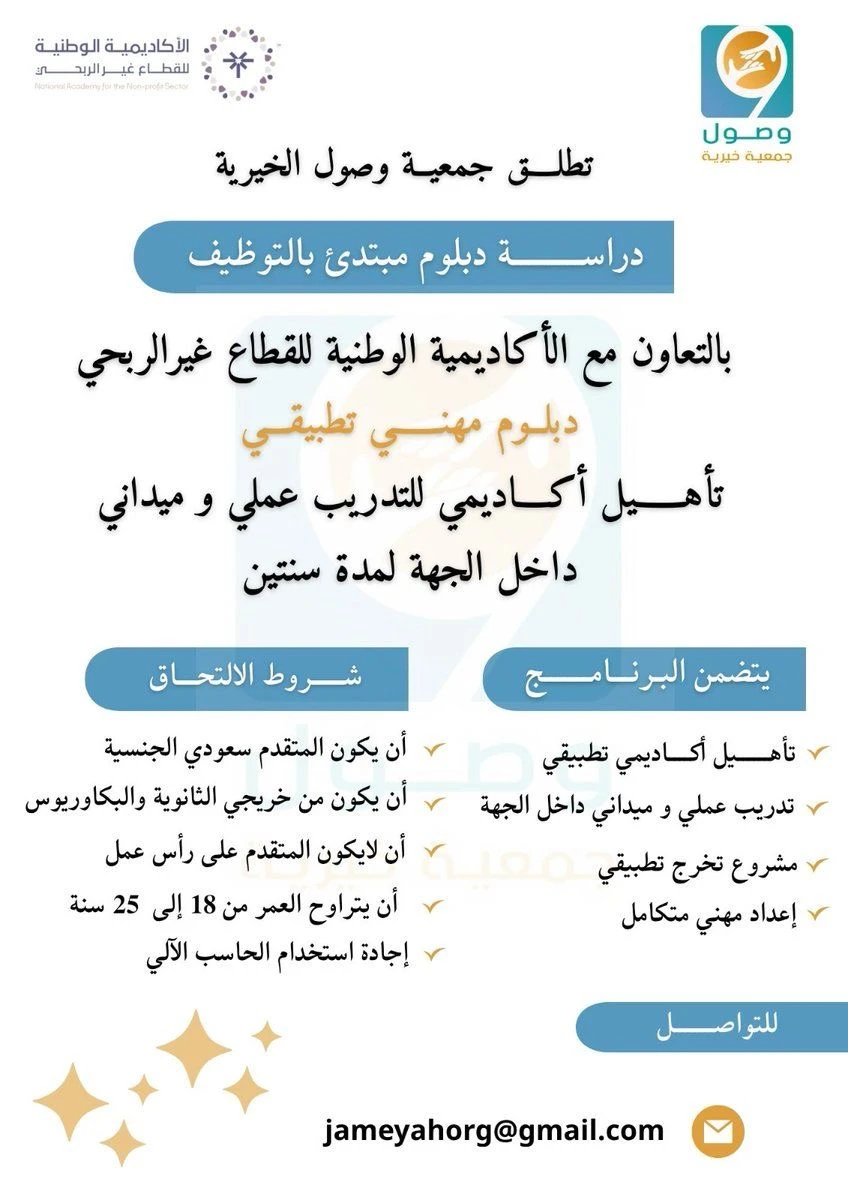 دبلوم مهني تطبيقي مبتدئ بالتوظيف لمدة سنتين بهدف تأهيل خريجي الثانوية والبكالوريوس للعمل في القطاع غير الربحي.