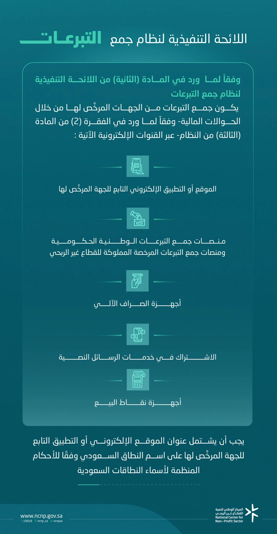 أوضح المركز الوطني لتنمية القطاع غير الربحي القنوات الإلكترونية المصرّح بها لجمع التبرعات