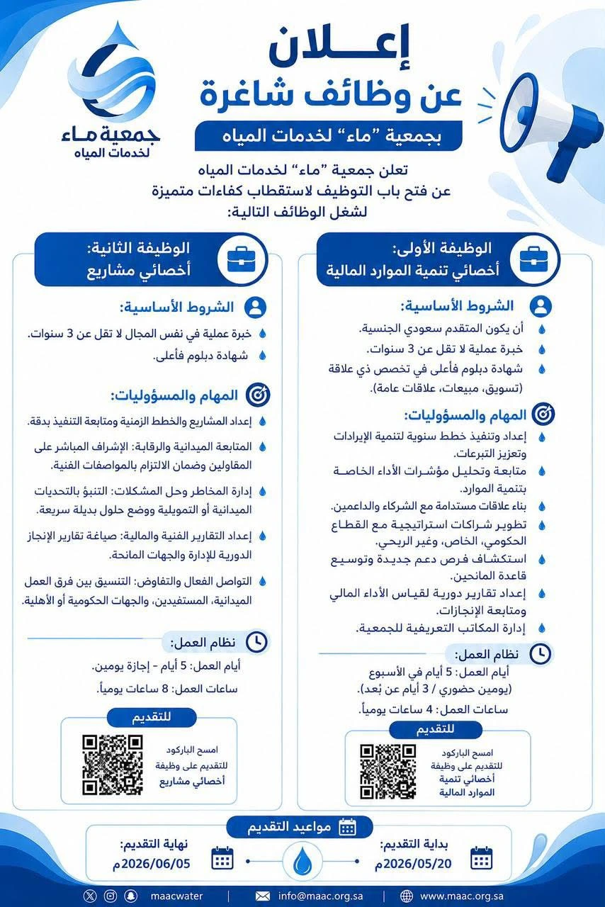 الشواغر: «أخصائي تنمية موارد مالية، أخصائي مشاريع» | ‏جمعية ماء لخدمات المياه برياض الخبراء