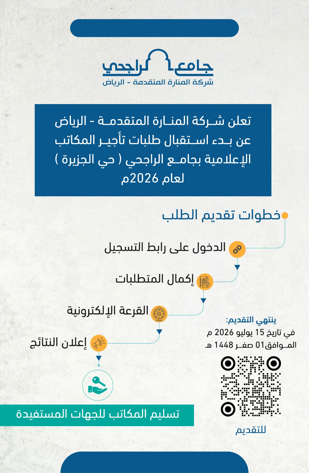 تعلن شركة المنارة المتقدمة - الرياض عن بدء استقبال طلبات تأجير المكاتب الإعلامية بجامع الراجحي (حي الجزيرة) لعام 2026م