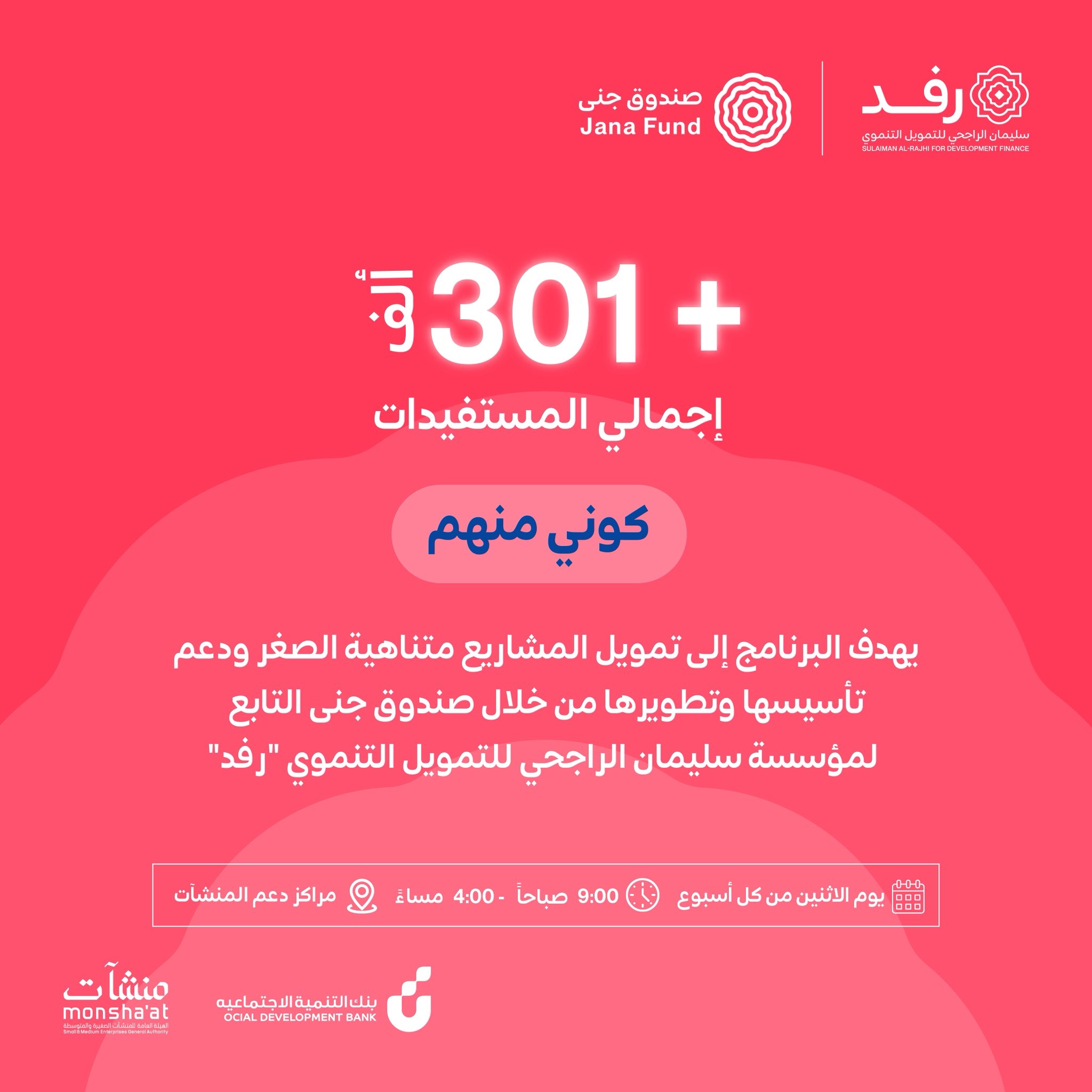 تواصل مؤسسة سليمان الراجحي للتمويل التنموي «رفد»، ممثلةً بصندوق جنى، تقديم حلول تمويلية مخصصة لدعم المشاريع النسائية متناهية الصغر