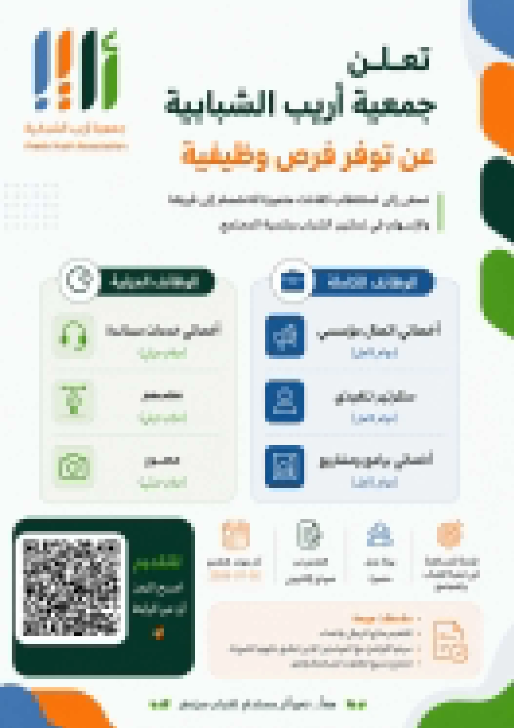 الشواغر: «أخصائي اتصال مؤسسي، سكرتير تنفيذي، أخصائي برامج ومشاريع، أخصائي خدمات مسانده، مصور، مصمم»| جمعية أريب الشبابية