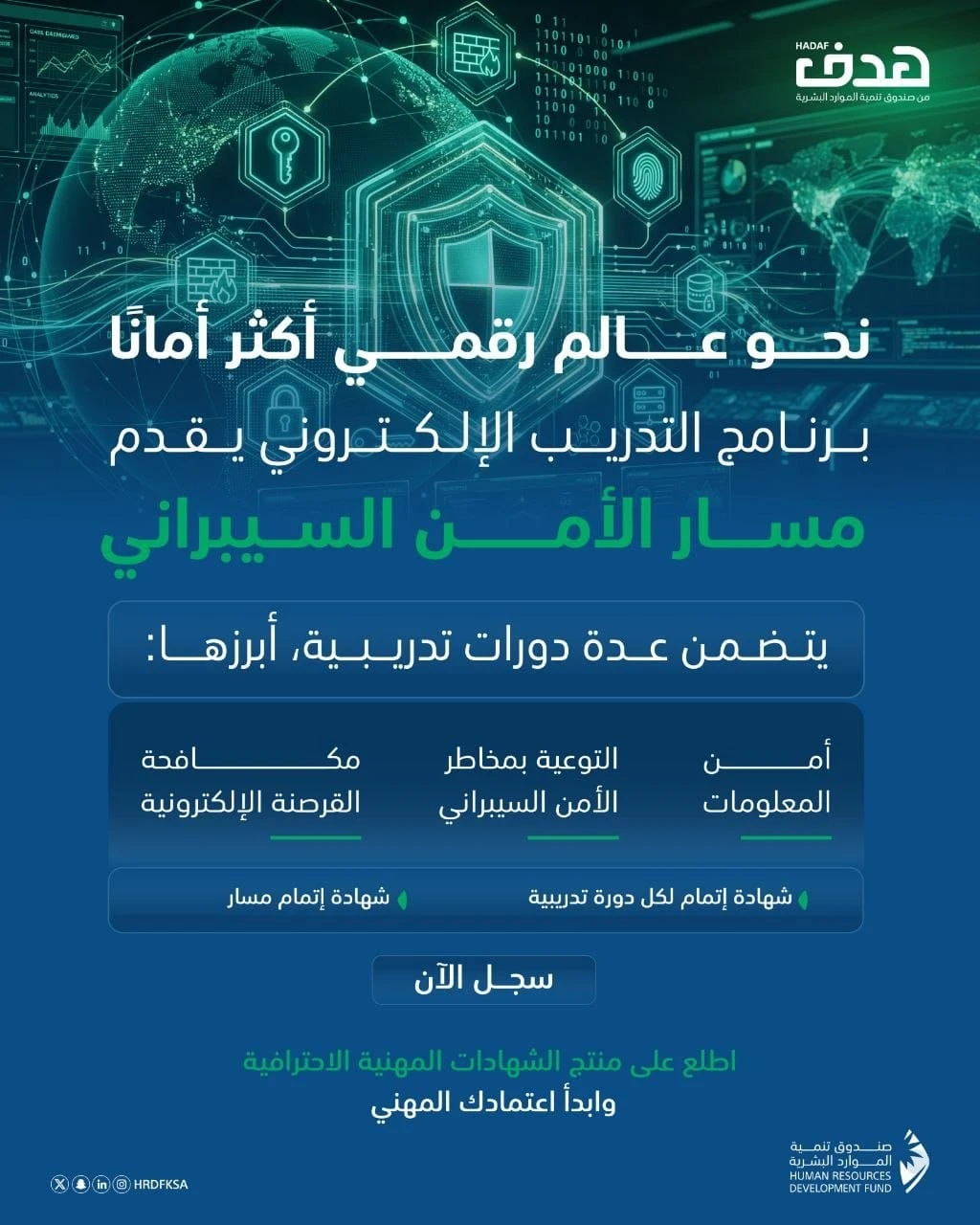 دورات برنامج التدريب الإلكتروني في مسار الأمن السيبراني "أمن المعلومات، التوعية بمخاطر الأمن السيبراني، مكافحة القرصنة الإلكترونيّة"