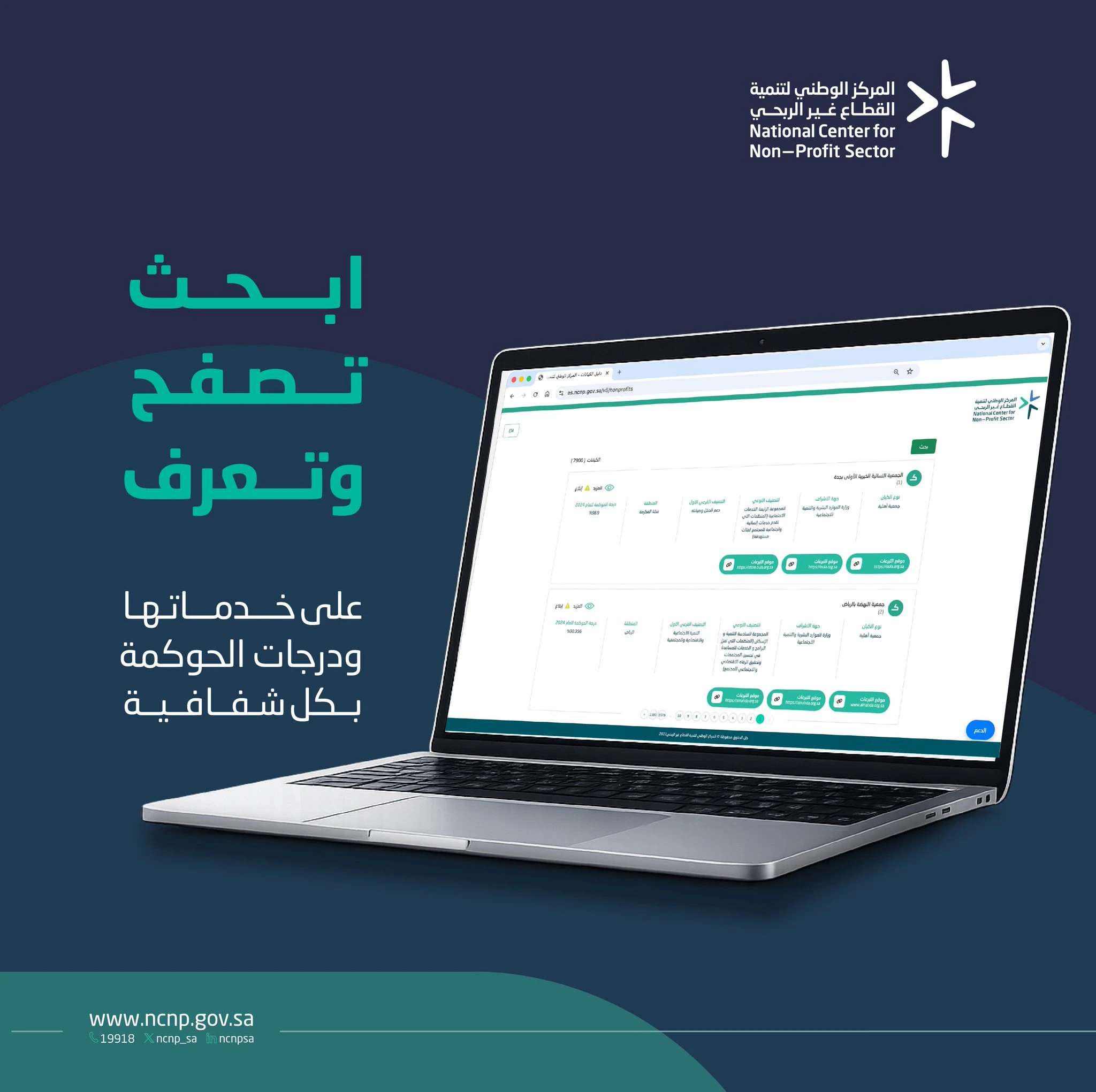 ‏اكتشف الجمعيات والمؤسسات الأهلية وغيرها من المنظمات غير الربحية الموثقة عبر دليل الكيانات من المركز الوطني لتنمية