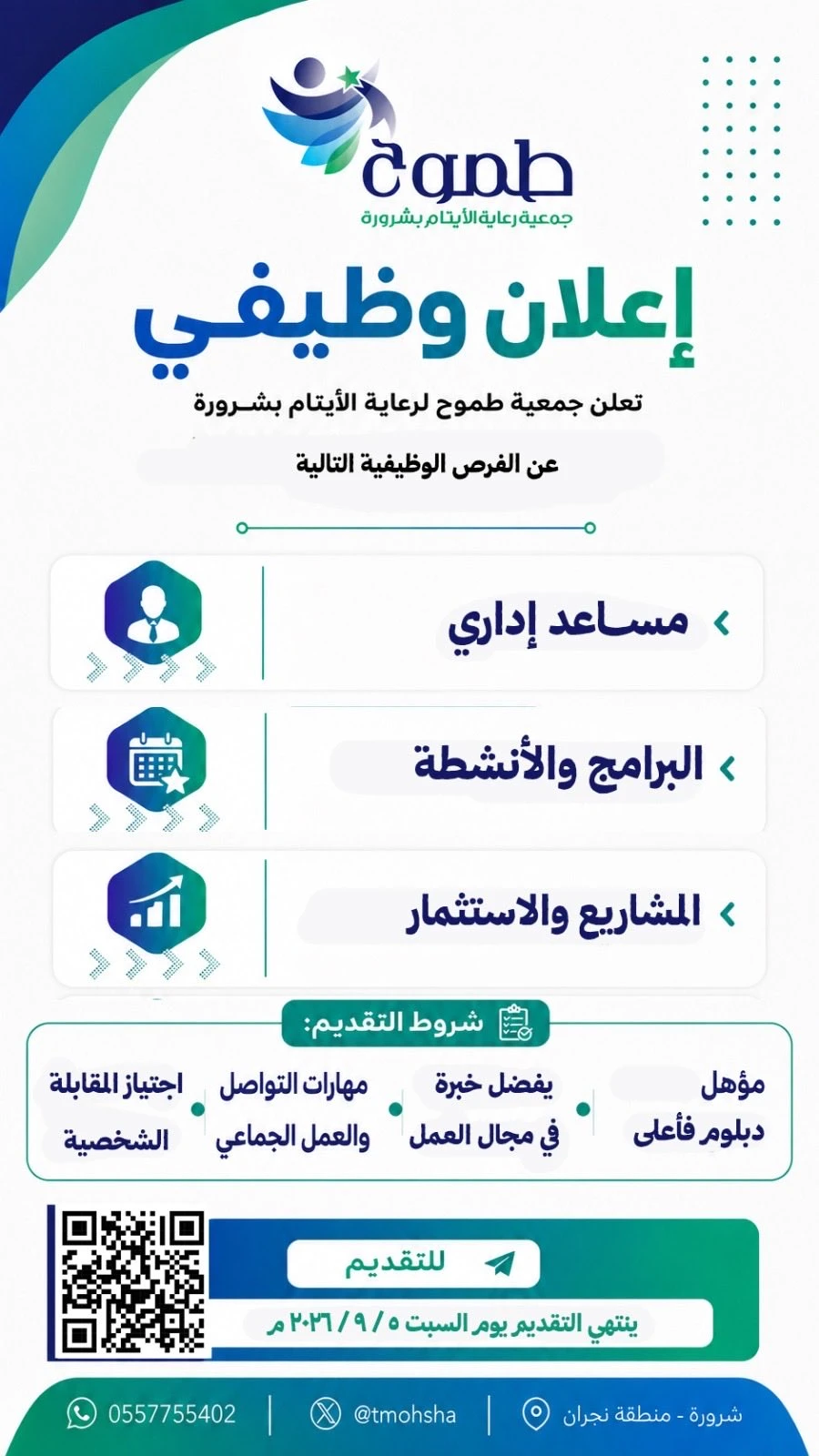 الشواغر "مساعد إداري، البرامج والأنشطة، المشاريع والاستثمار"| جمعية طموح لرعاية الأيتام بشرورة