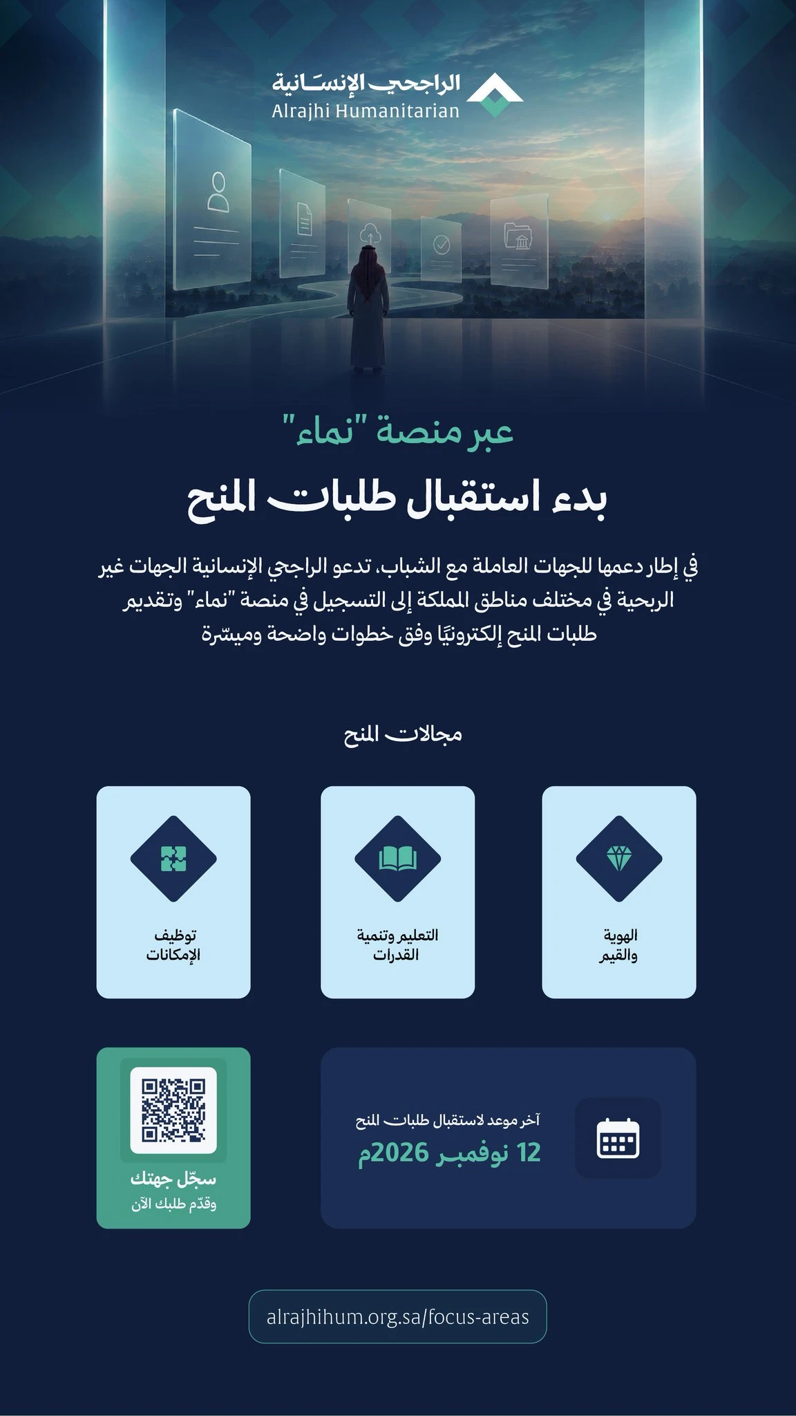 تعلن الراجحي الإنسانية‬⁩ عن بدء استقبال طلبات المنح عبر منصة "نماء" للجهات غير الربحية