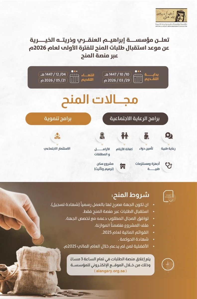 استقبال طلبات المنح مؤسسة ابراهيم العنقري وذريته