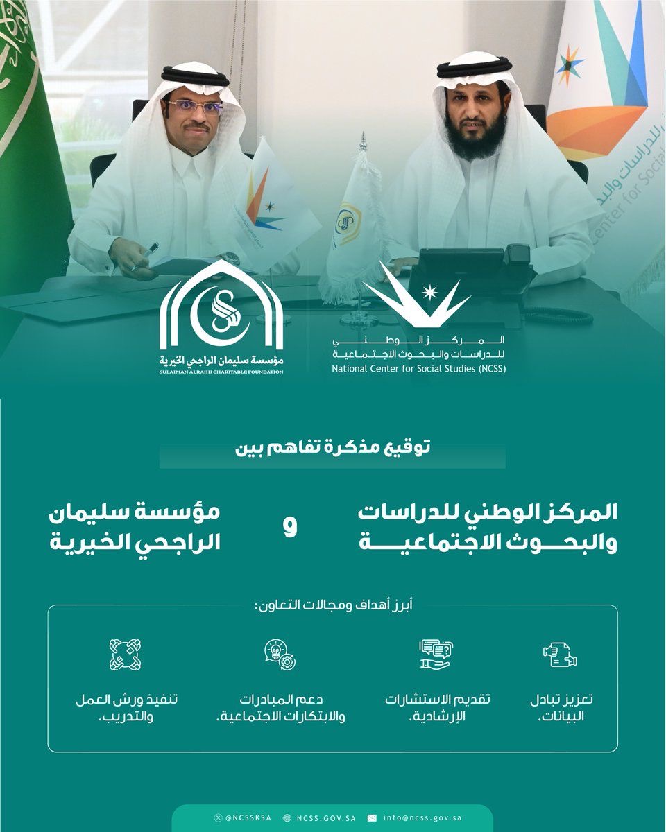 وقّع المركز الوطني للدراسات والبحوث الاجتماعية مذكرة تفاهم مع مؤسسة سليمان الراجحي الخيرية